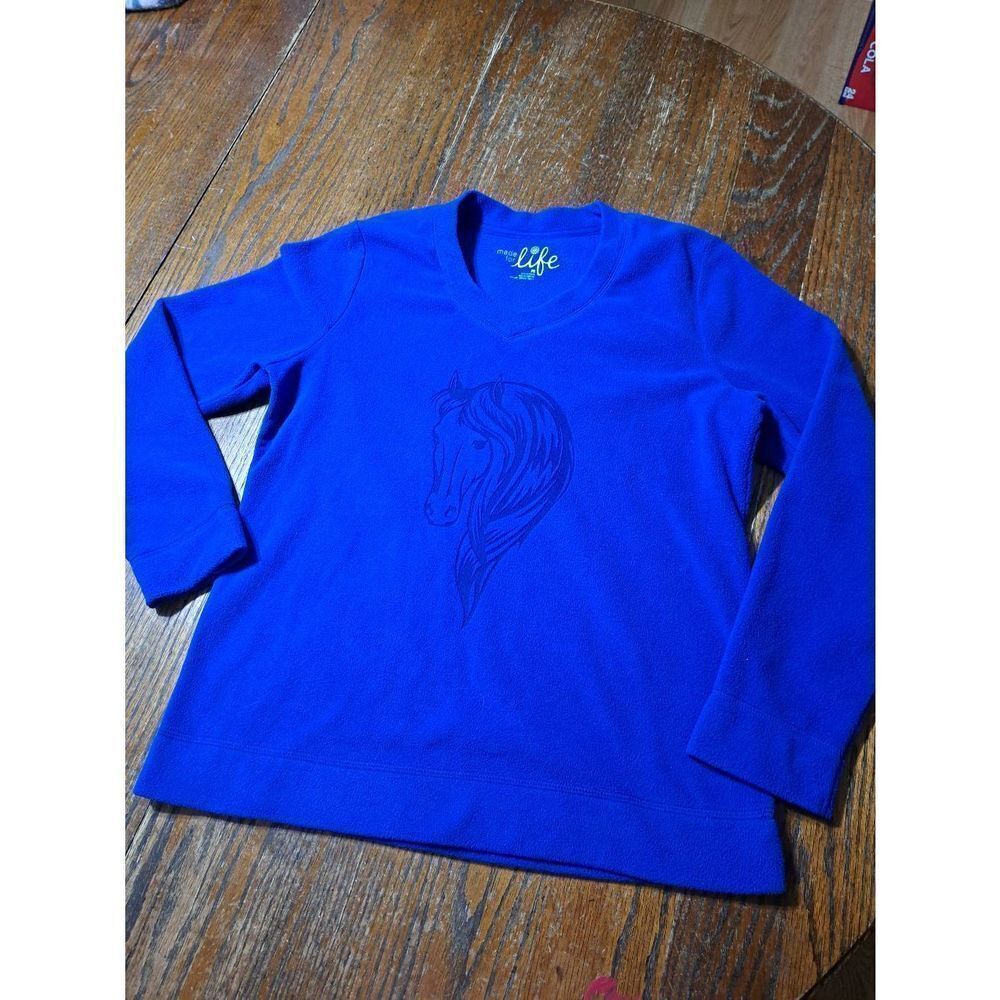 PS Petite Small Made for Life Blue VNeck Long Sleeve Soft Fleece Horse Shirt Top